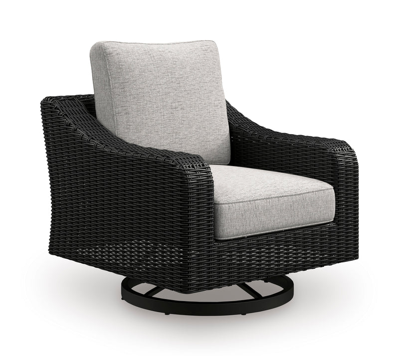 Black Wicker Outdoor Swivel Chair with Light Gray Cushions