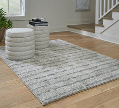 Cream/Green 58.25" x 82.5", room view; furniture excluded - 2