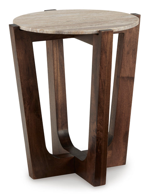 Warm Brown Round Marble End Table with Angled Legs