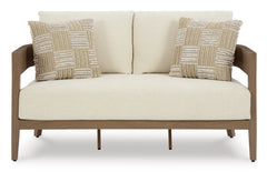 Dark Brown/White outdoor loveseat with cushions, product view 2 - 2