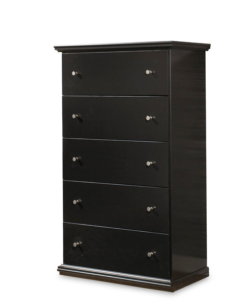 Antiqued Black Five-Drawer Chest with Metal Knobs