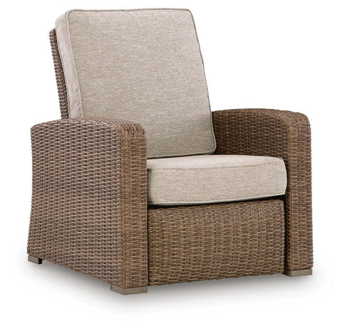Beige Wicker Outdoor Press-Back Recliner with Cushions