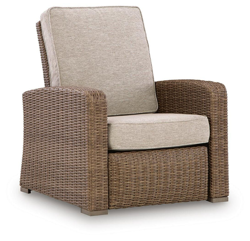 Beige Wicker Outdoor Press-Back Recliner with Cushions