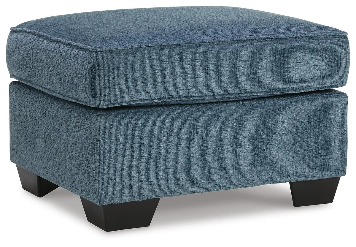 Blue, complete ottoman angled view