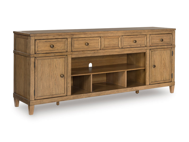 Light Brown TV Stand with Four Drawers and Side Cabinets