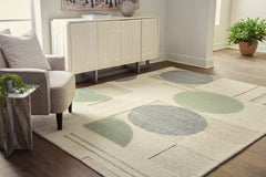 Linen/Blue/Green 93.25" x 118.75", room view; furniture excluded - 2