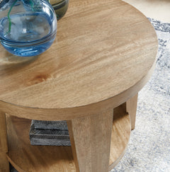 Light Brown round end table with lower shelf, product view 6 - 6