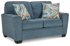 Blue, complete loveseat, angled view - 1