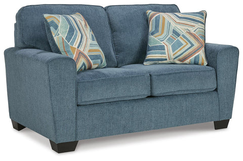 Crosshatched Upholstery Loveseat with Accent Pillows in Blue