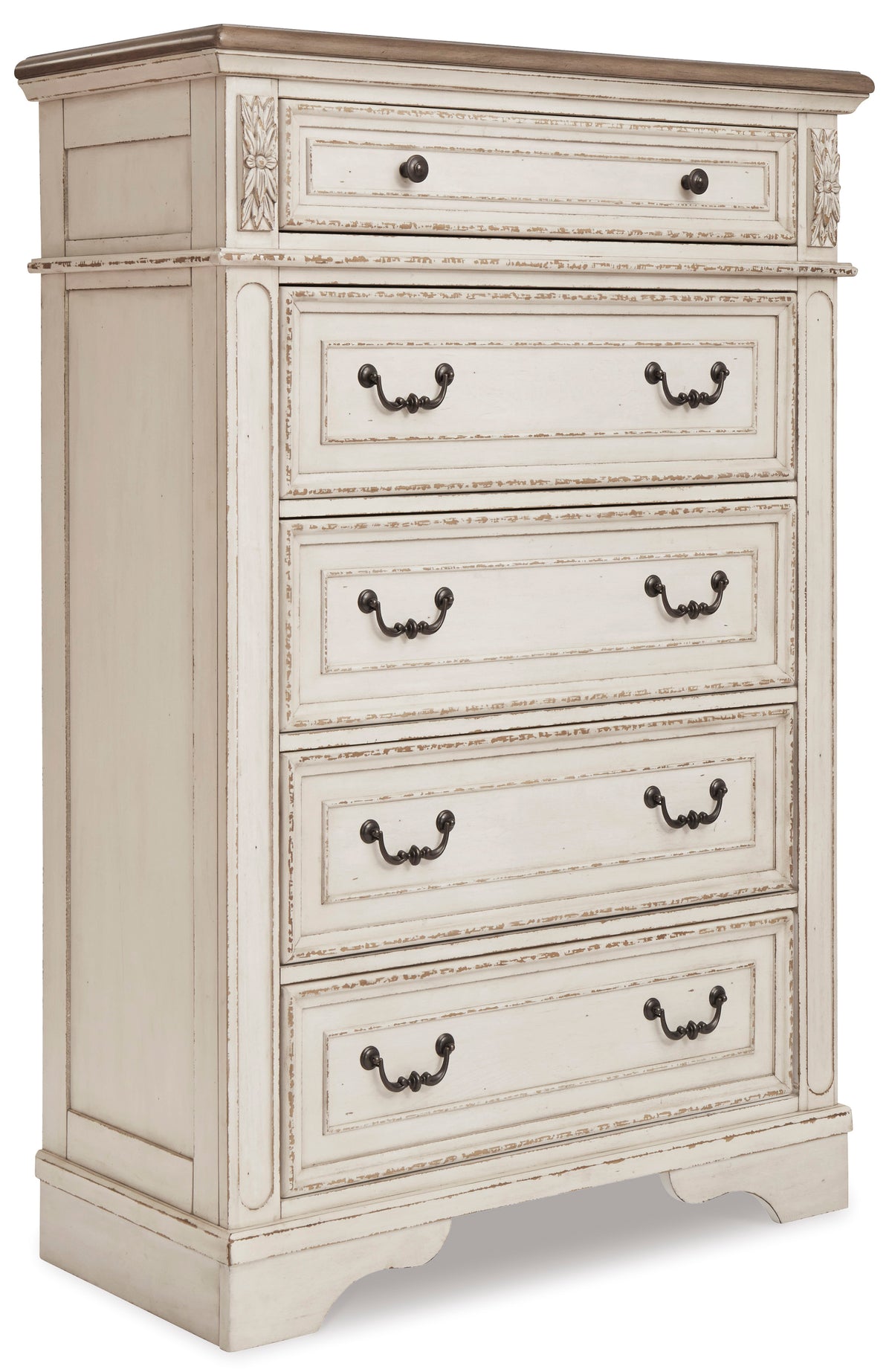 Two-tone, complete five-drawer chest, angled view