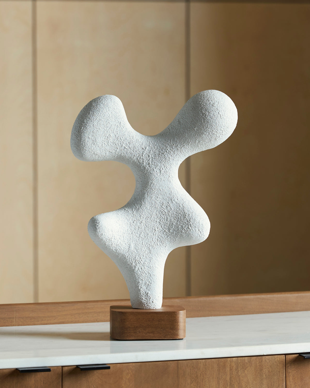 White/Brown white abstract sculpture with brown wood base, full product view