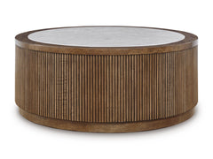 Brown round faux stone top coffee table, full product view - 1