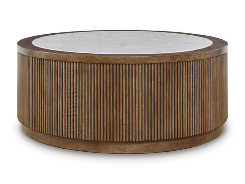Brown Reeded Round Coffee Table with Faux-Stone Top