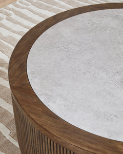 Brown round faux stone top coffee table, product view 4 - 4