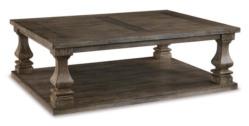Weathered Gray Rectangular Coffee Table with Baluster Legs and Shelf