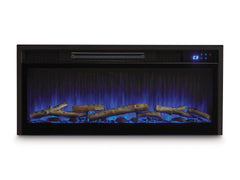 Black, complete fireplace insert front view with blue flame setting - 5