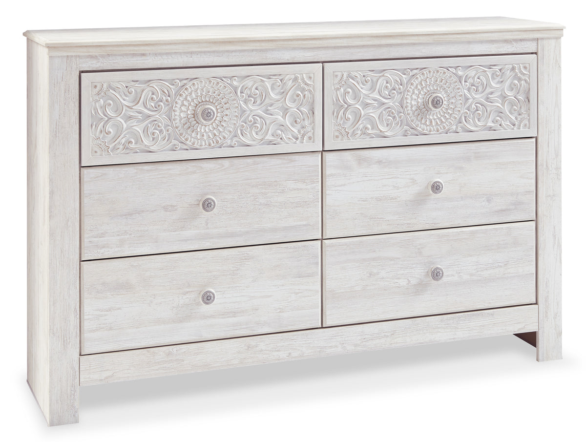 Whitewash, complete six-drawer dresser, angled view