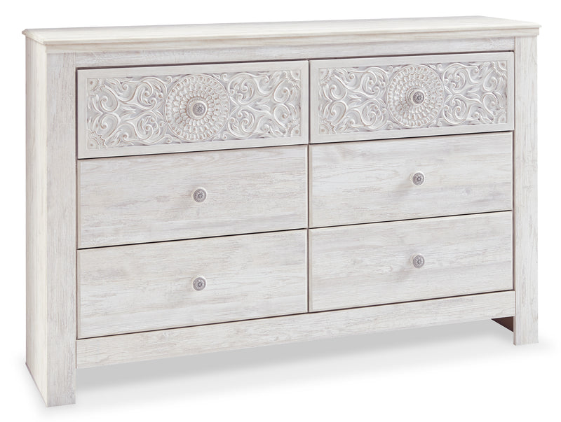 Whitewash Framed Six-Drawer Dresser with Medallion Detailing