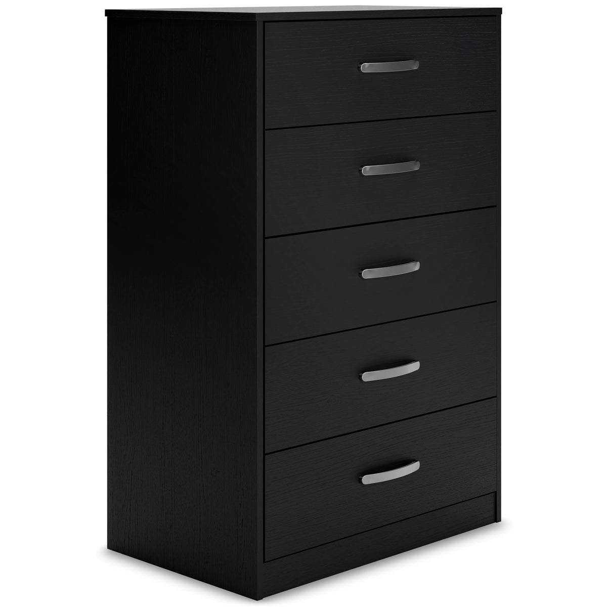 Black, complete five-drawer chest, angled view