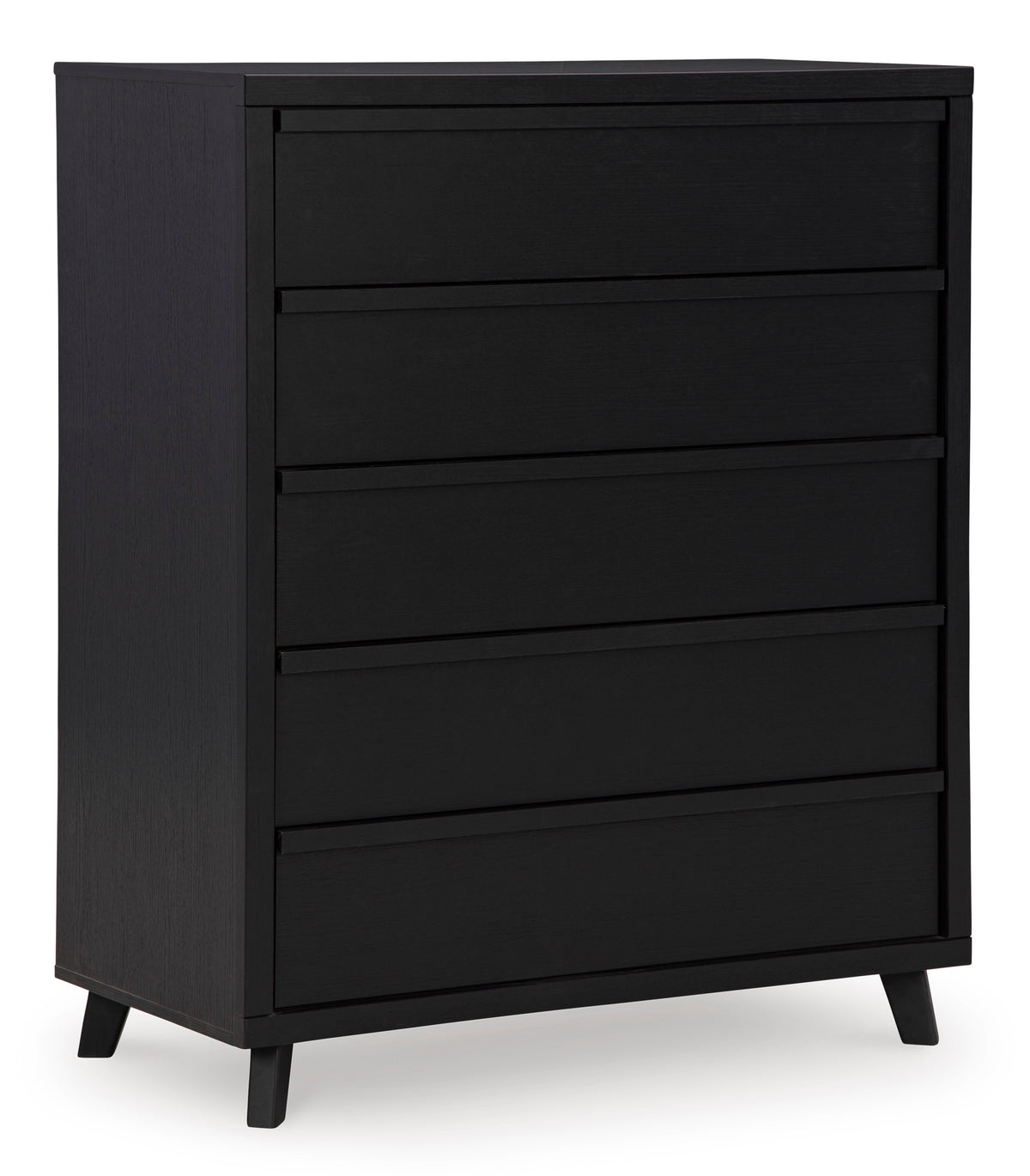 Black, complete wide five-drawer chest, angled view