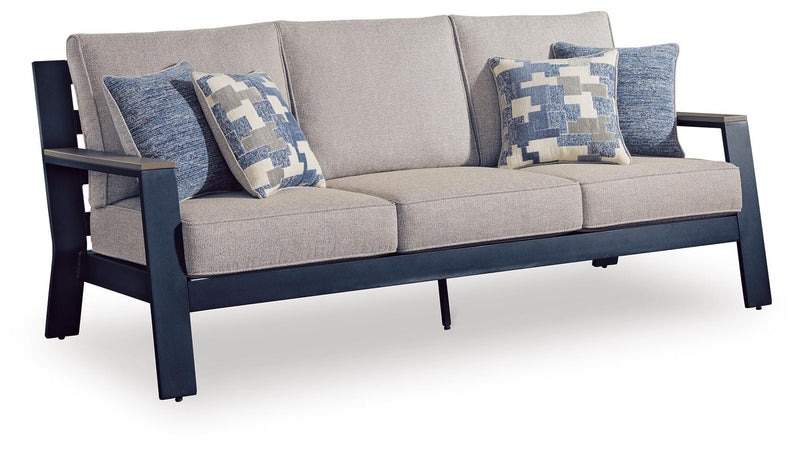 Navy Blue and Driftwood Outdoor Sofa with Cushions and Four Pillows