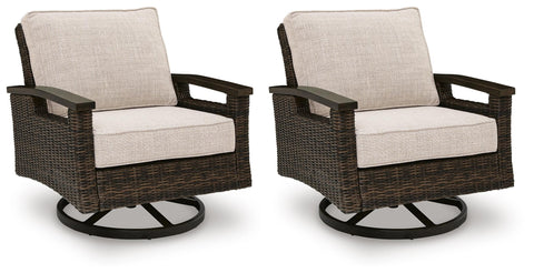 Dark Brown Wicker Outdoor Swivel Lounge Chairs with Cushions, Set of 2