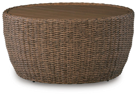 Beige Wicker Round Outdoor Coffee Table with Wood-Look Top