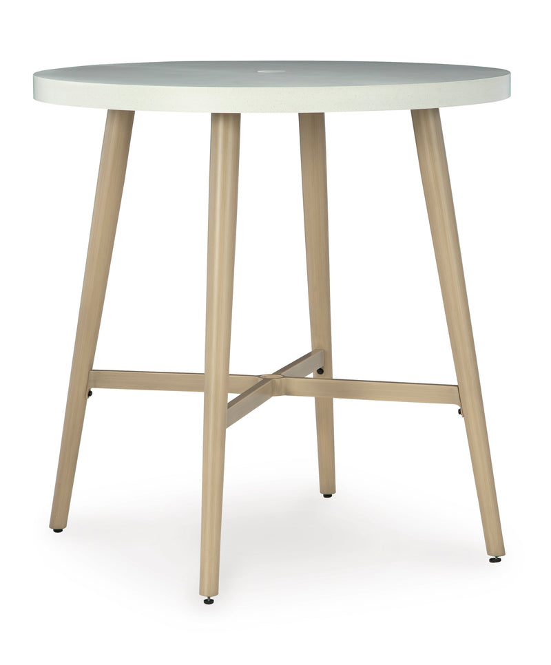 Beige Round Outdoor Bar Table with Stone-Look Top