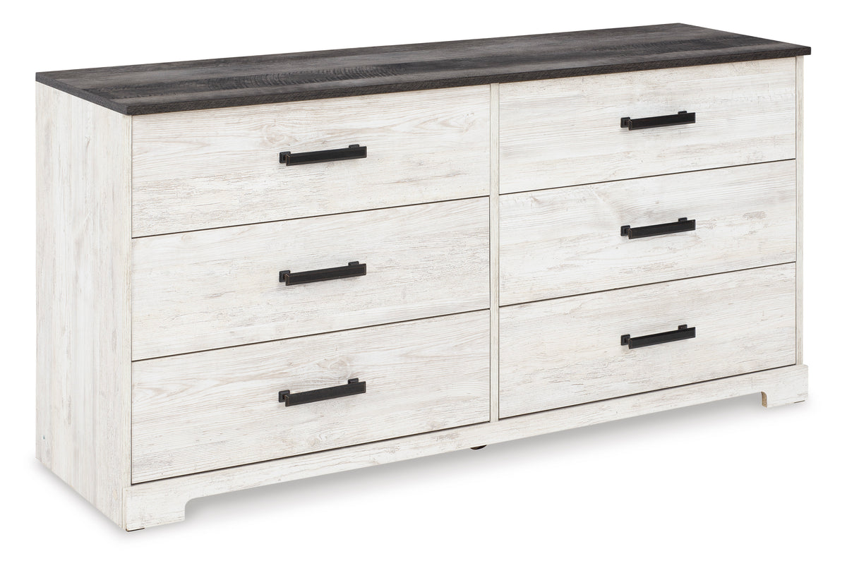 Whitewash/Charcoal Gray / 59.02 in wide, complete six-drawer dresser, angled view