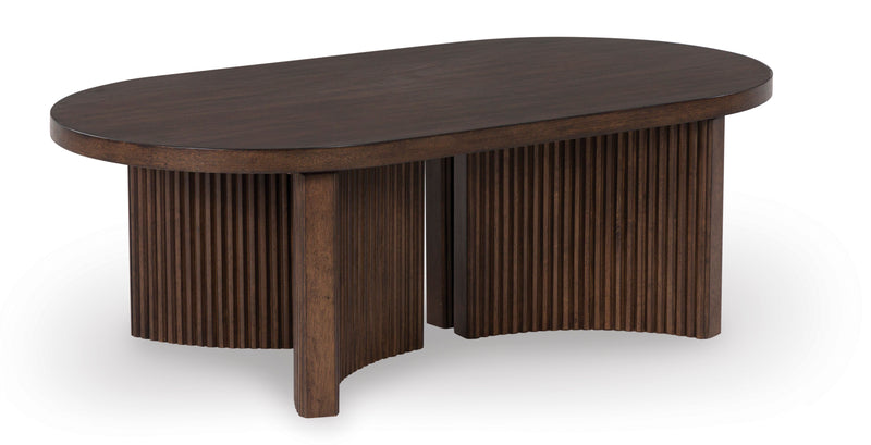 Dark Brown Oval Coffee Table with Reeded Pedestal Base