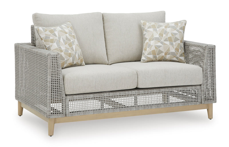 Gray Open-Weave Outdoor Loveseat with Cushions and Two Pillows
