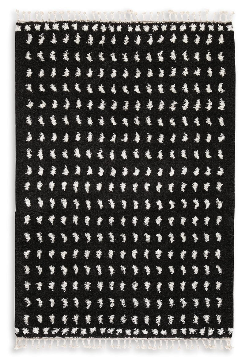 Black and White Dotted Shag Rug with Braided Tassels