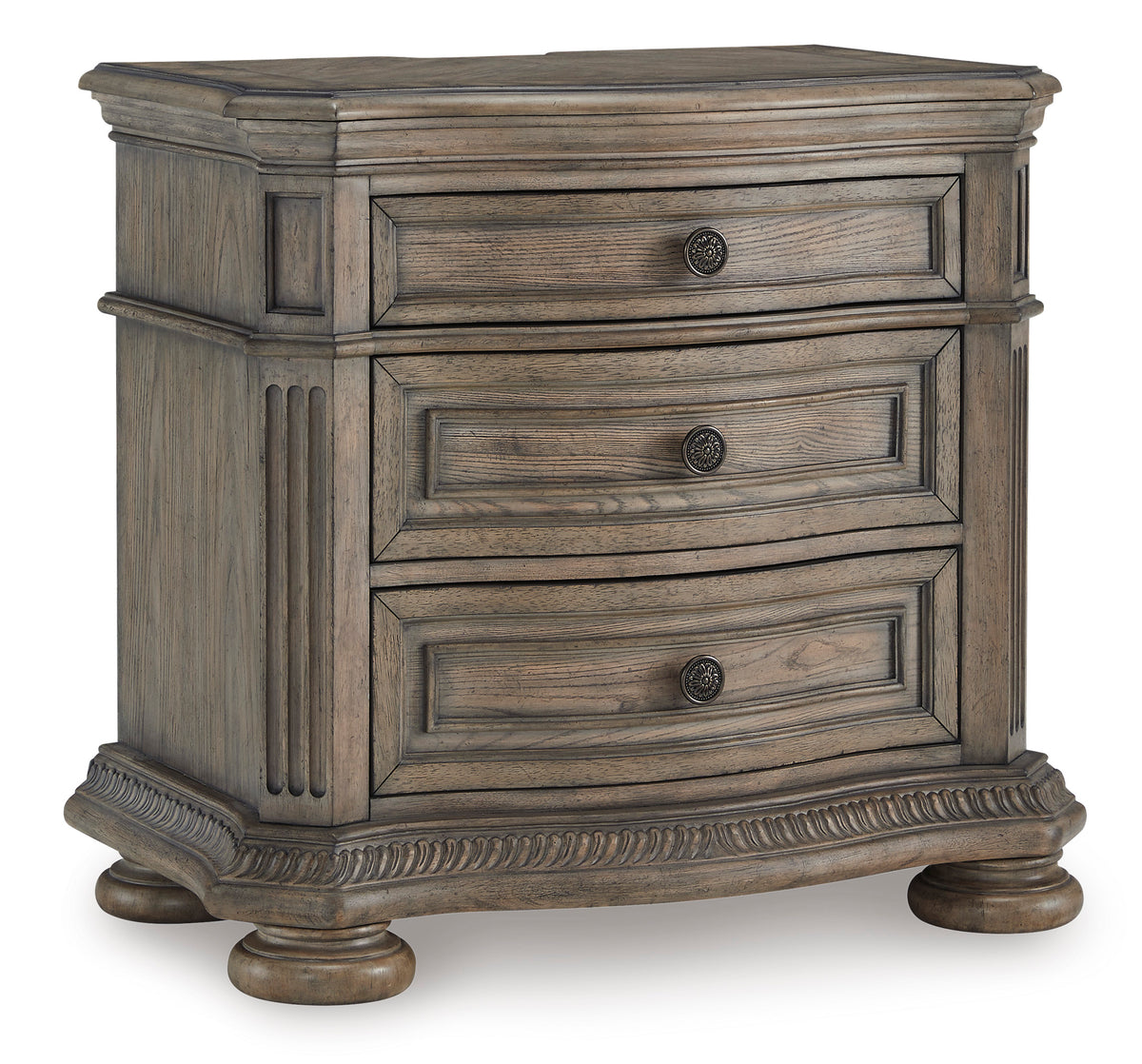 Light Brown, complete three-drawer nightstand, angled view