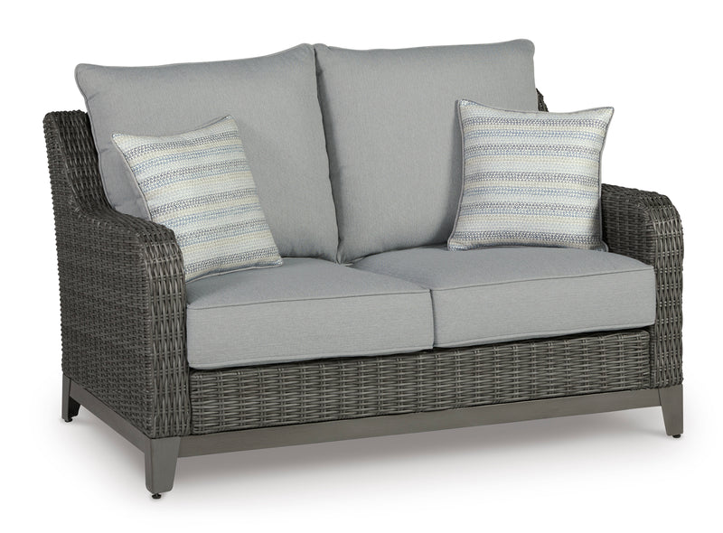 Gray Wicker Outdoor Loveseat with Cushions and Two Pillows