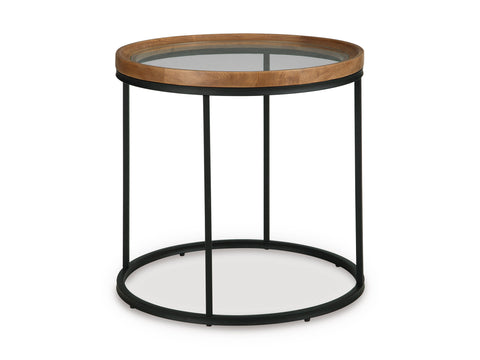 24-Inch Round Glass-Top End Table with Mango Wood Rim and Black Frame