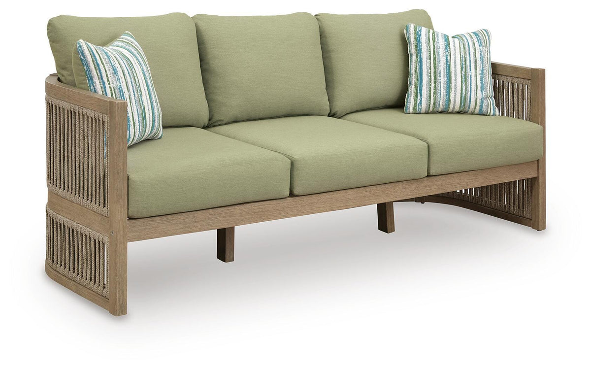 Beige/Green, full sofa with green cushions and two pillows