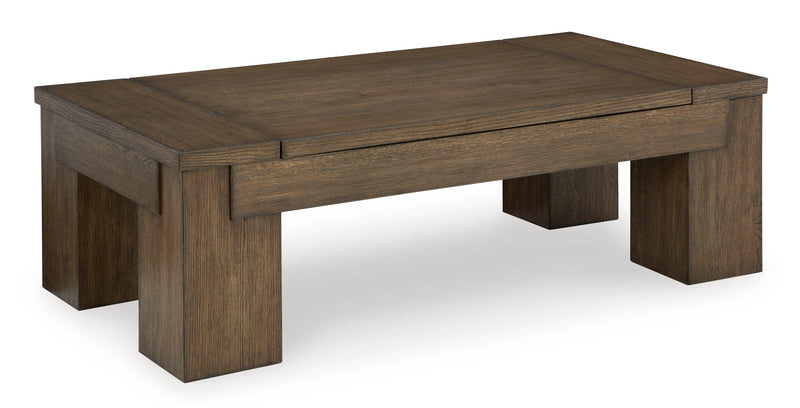 Warm Brown Lift-Top Coffee Table with Chunky Legs and Casters