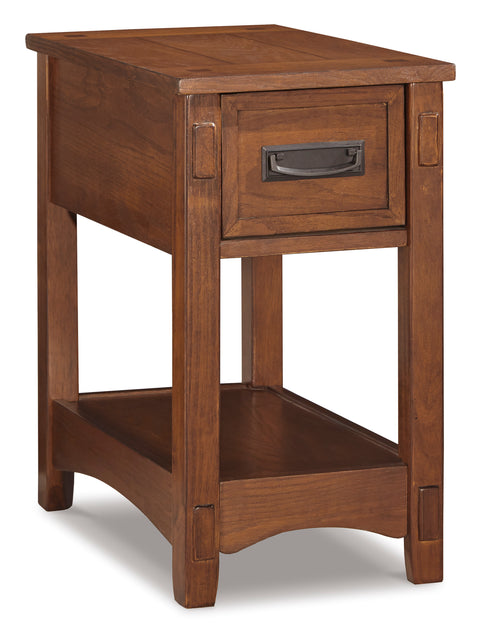 Mission-Style Brown Chairside Table with Drawer Tray