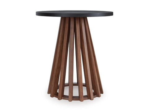 Warm Brown and Black Round End Table with Slatted Pedestal Base