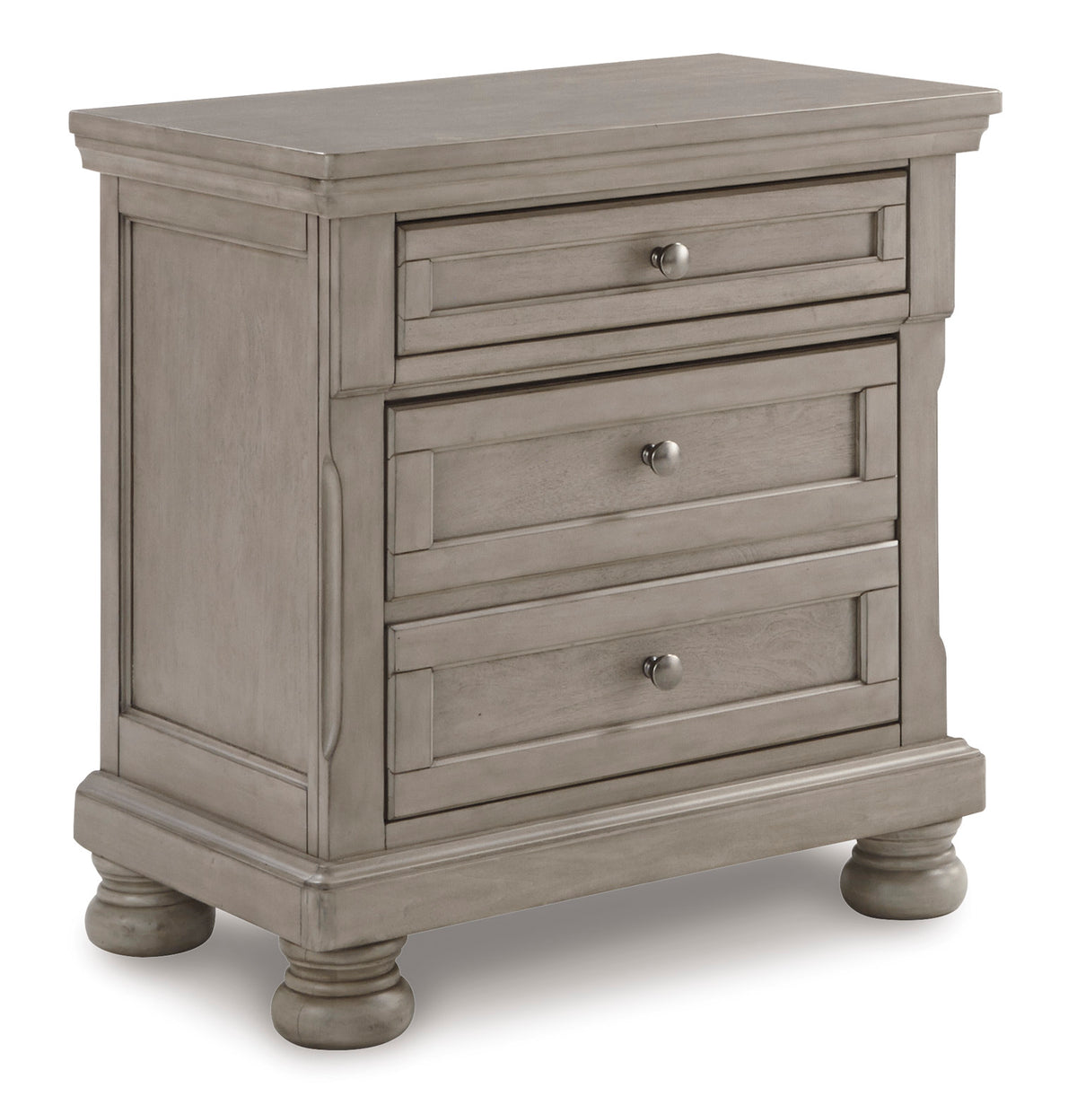 Light Gray, complete two-drawer nightstand, angled view