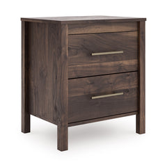 Mocha, complete two-drawer nightstand, angled view - 1