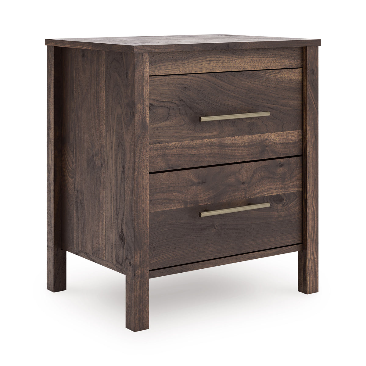 Mocha, complete two-drawer nightstand, angled view