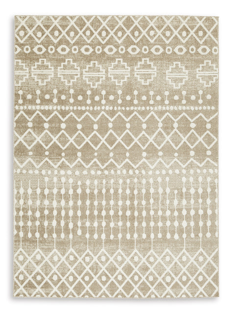Tan Brown and Cream Geometric Stripe Machine-Washable Rug