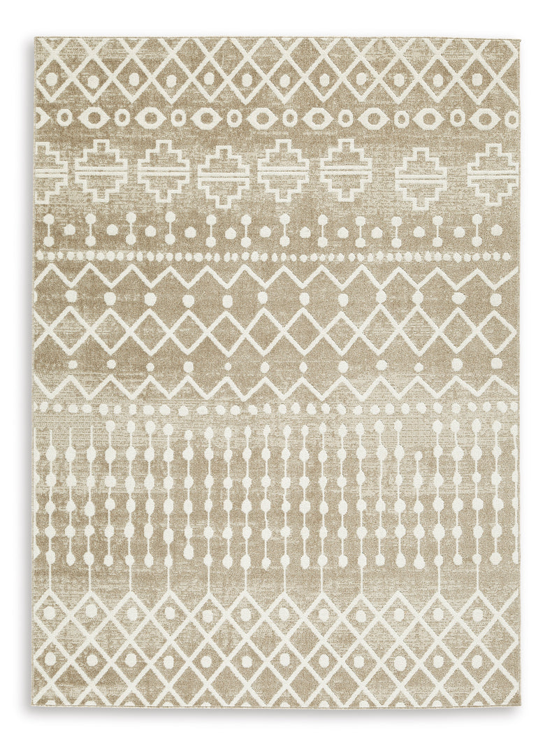 Tan Brown and Cream Geometric Stripe Machine-Washable Rug