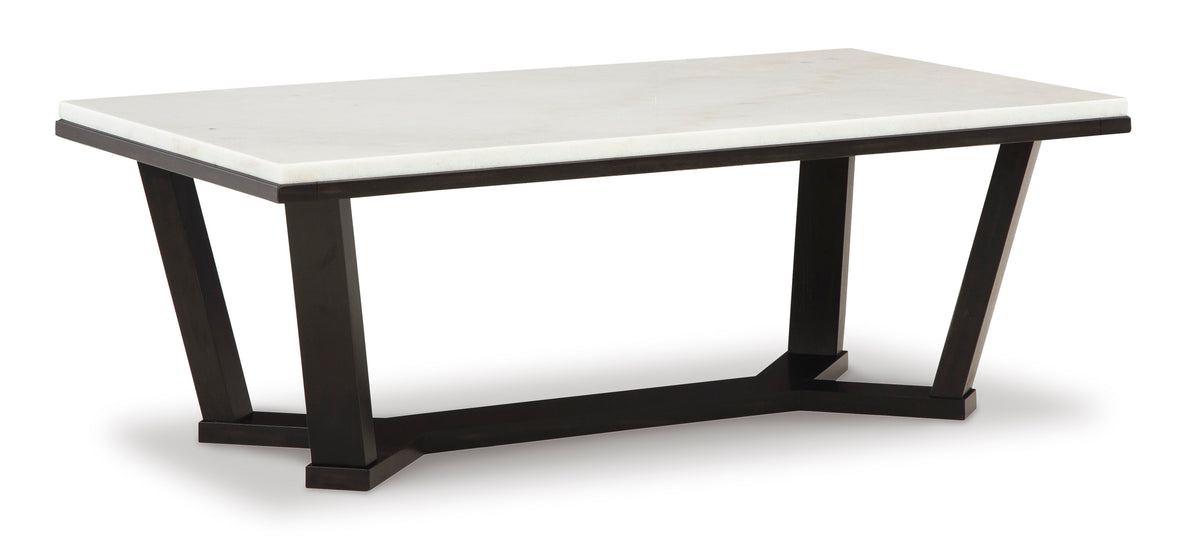 White/Espresso natural marble rectangular coffee table, full product view