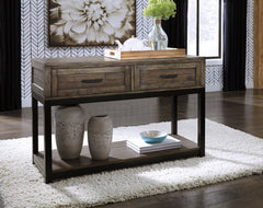 Grayish Brown, styled console table; accessories excluded - 2