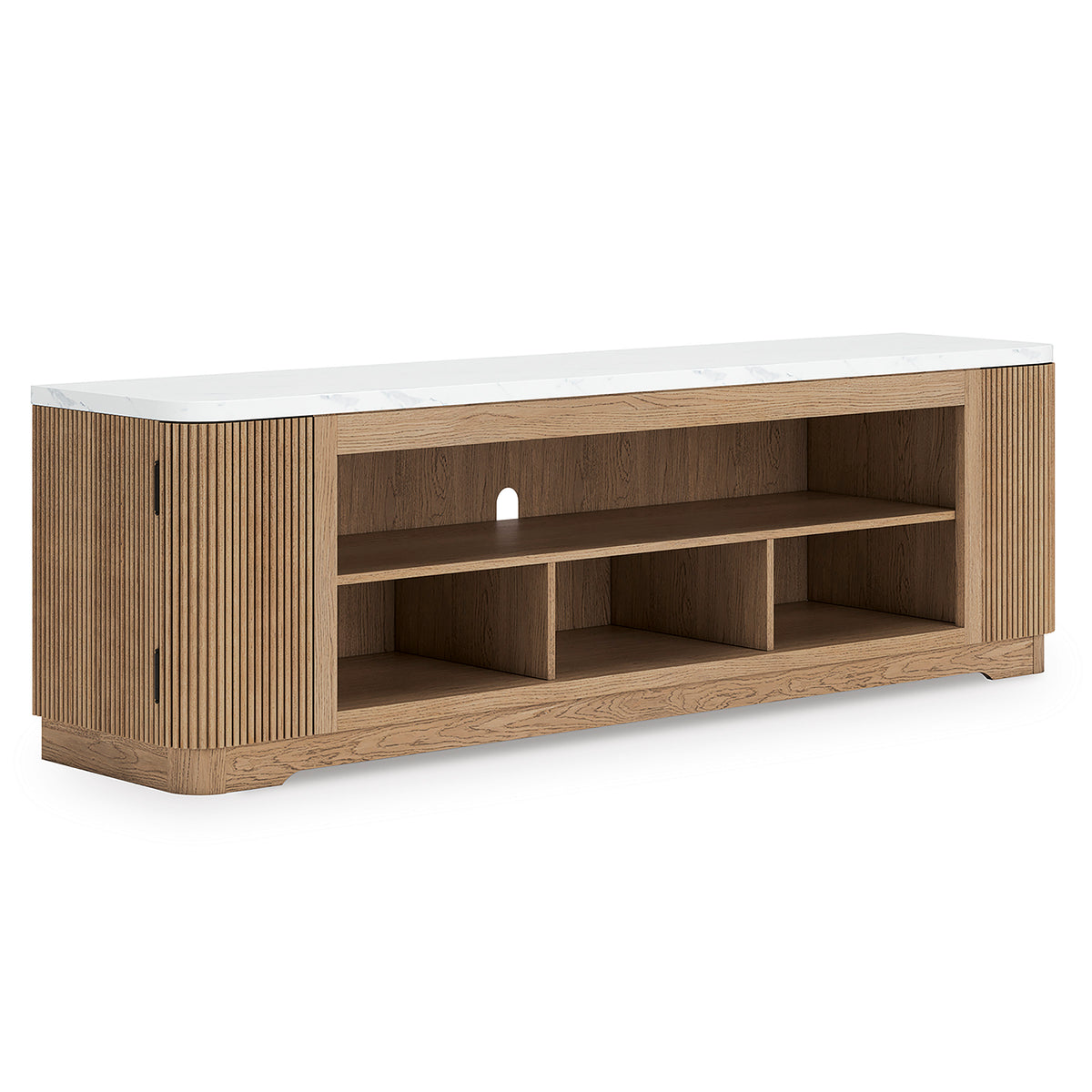 Light Brown TV stand with faux marble top, full product view