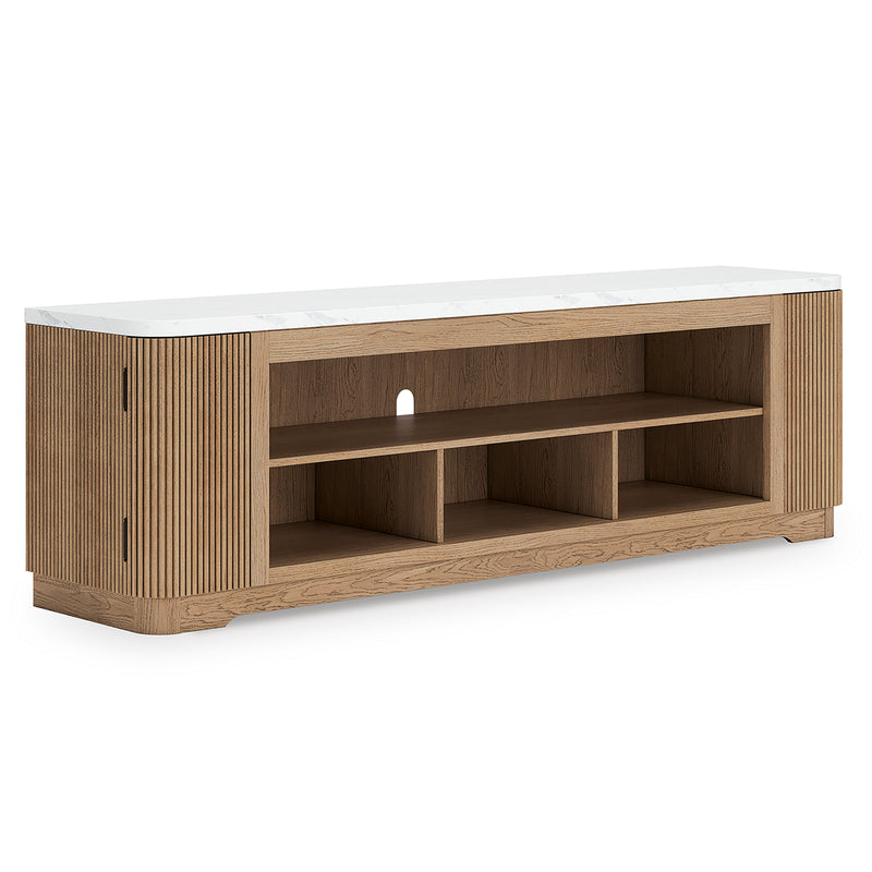 Light Brown Reeded TV Stand with Faux Marble Top