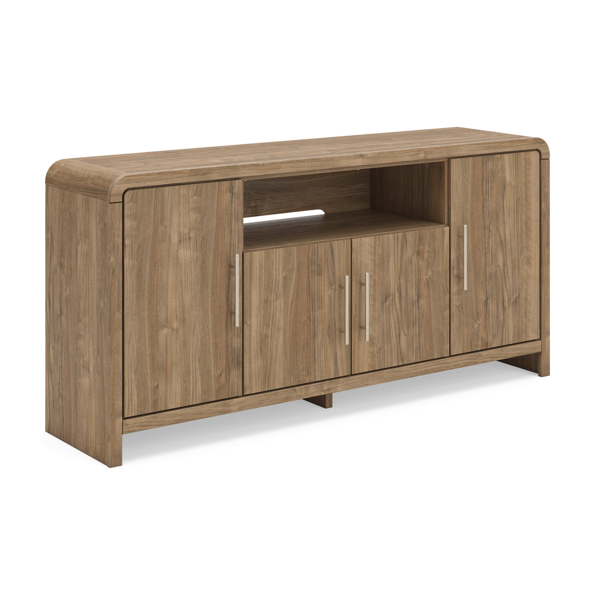 Brown TV stand with three storage cabinets, full product view