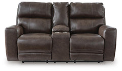Smoke, complete power reclining loveseat, front view - 1